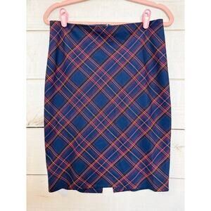 Trina Turk Plaid Pencil Skirt Size 2 Navy Orange Purple